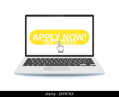 Laptop Apply Now Button. concept of applied to join the community or site and mobile login or follower. Stock Vector