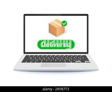 online order with check mark on laptop icon vector, internet parcel postal package delivered with check mark electronic approval on screen Stock Vector