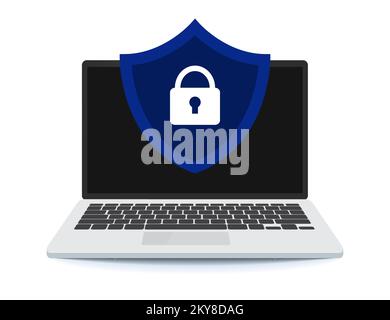 Data protection concept on laptop. Shield with a lock on the computer. Laptop and shield icon with lock. Stock Vector