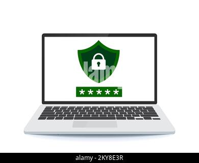 Computer display protective screen. Protection concept. Shield with a lock. data protection. Stock Vector