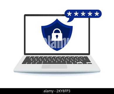 Laptop with password notification and lock icon. password protection. Shield with a lock. Stock Vector