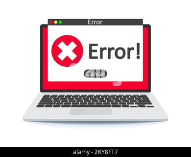 Error message on laptop screen. Error warning sign on the screen of a computer device. Stock Vector