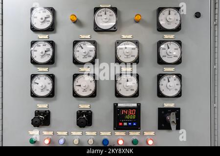 An electrical generation panel with buttons, gauges and switches Stock ...