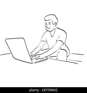 man working on laptop computer on table in his house illustration vector hand drawn isolated on white background line art. Stock Vector