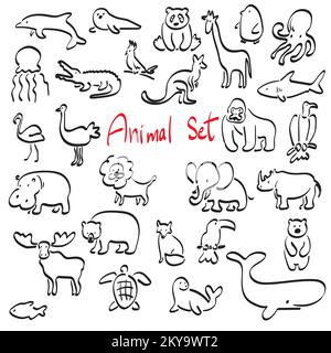 animal set illustration vector hand drawn isolated on white background line art. Stock Vector