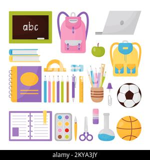 Set school items. Educational items and supplies include - books, backpack, laptop, ball, ruler, notepad, paints, colored pencils, scissors, apple. Ve Stock Vector