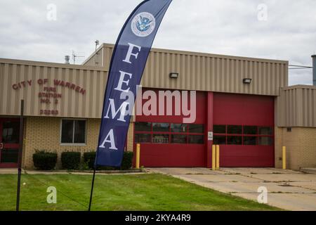Warren, MI, October 5, 2014 - FEMA banner at Warren Fire Station #2, 23293 Schoenhperr Road, Warren, Michigan, where disaster survivors receive FEMA registration assistance at a Recovery Support Site (RSS) after the Detroit metropolitan counties of Oakland, Wayne and Macomb were adversely impacted by severe storms and flooding on August 11-13, 2014. FEMA Supports local and state governments and tribal entities in their efforts to recover from natural disasters. Michigan Severe Storms and Flooding. Photographs Relating to Disasters and Emergency Management Programs, Activities, and Officials Stock Photo