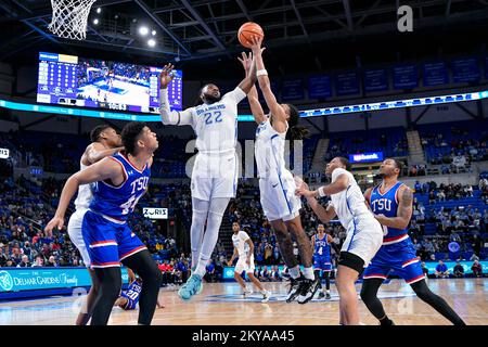 NOVEMBER 30, 2022: Saint Louis Billikens forward Terrence Hargrove Jr. (22) and Saint Louis Billikens guard Yuri Collins (1) both go for the rebound In a regular season game where the Tennessee State Tigers visited the St. Louis Billikens. Held at Chaifetz Arena in St. Louis, MO Richard Ulreich/CSM Stock Photo