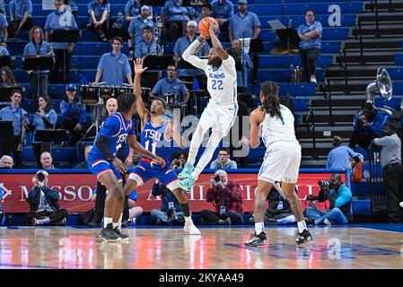 NOVEMBER 30, 2022: Saint Louis Billikens forward Terrence Hargrove Jr. (22) jumps to make a pass in a regular season game where the Tennessee State Tigers visited the St. Louis Billikens. Held at Chaifetz Arena in St. Louis, MO Richard Ulreich/CSM Stock Photo