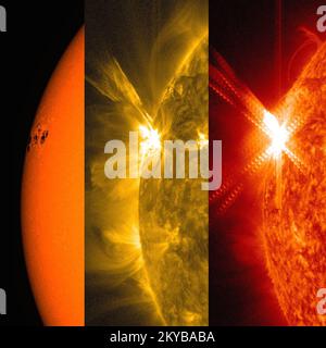 This is an image of a solar flare captured by NASA's Solar Dynamics Observatory. It shows a solar flare in three wavelengths of light: visible, 171 angstroms, and 304 angstroms (an angstrom is roughly the diameter of an atom and it's the measurement we use to define the size of light waves). Each wavelength shows a different temperature of material. Image courtesy of NASA... Photographs Relating to Disasters and Emergency Management Programs, Activities, and Officials Stock Photo