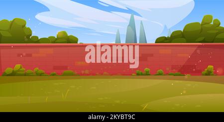 Backyard with brick wall, green lawn, trees, bushes. Vector cartoon illustration of red stone fence, summer park or garden landscape under clear blue sky. Privacy symbol. Outdoor activity background Stock Vector