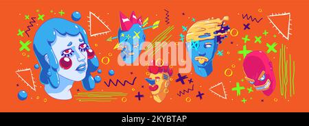 Contemporary style pattern with abstract portraits and doodle design elements on bright orange background. Vector illustration of weird human faces, colorful triangles, crosses and bubbles. Modern art Stock Vector