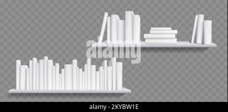 Books on shelf realistic mockup, bookshelf with bestsellers. Booklets with white covers and spines in library or store. Diary volumes with empty paperback lying and standing in row, 3d vector mock up Stock Vector