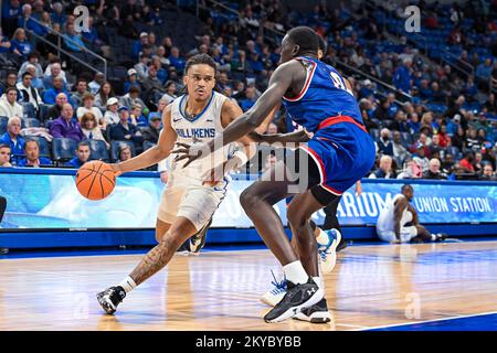 NOVEMBER 30, 2022: Saint Louis Billikens guard Yuri Collins (1) drives to the basket on Tennessee State Tigers center Adong Makuoi (10) in a regular season game where the Tennessee State Tigers visited the St. Louis Billikens. Held at Chaifetz Arena in St. Louis, MO Richard Ulreich/CSM Stock Photo