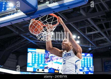 NOVEMBER 30, 2022: Saint Louis Billikens forward Francis Okoro (5) slams the ball in the basket for two points in a regular season game where the Tennessee State Tigers visited the St. Louis Billikens. Held at Chaifetz Arena in St. Louis, MO Richard Ulreich/CSM Stock Photo