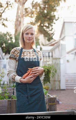 Bounty from her garden. A young woman holding carrots in her garden. Stock Photo