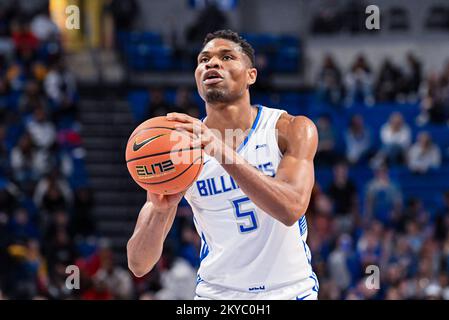 NOVEMBER 30, 2022: Saint Louis Billikens forward Francis Okoro (5) lines up a shot in a regular season game where the Tennessee State Tigers visited the St. Louis Billikens. Held at Chaifetz Arena in St. Louis, MO Richard Ulreich/CSM Stock Photo