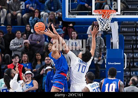 NOVEMBER 30, 2022: Saint Louis Billikens forward Jake Forrester (10) blocks the shot of Tennessee State Tigers forward Christian Brown (2) in a regular season game where the Tennessee State Tigers visited the St. Louis Billikens. Held at Chaifetz Arena in St. Louis, MO Richard Ulreich/CSM Stock Photo