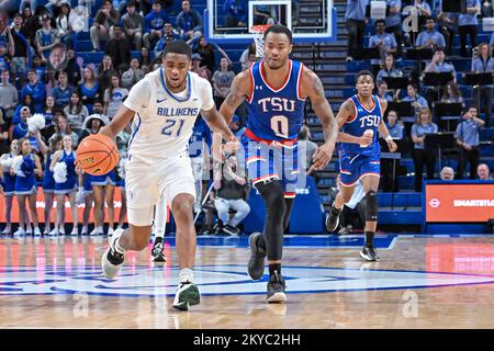 NOVEMBER 30, 2022: Saint Louis Billikens guard Sincere Parker (21) brings the ball down court while being chased by Tennessee State Tigers forward Zion Griffin (0) in a regular season game where the Tennessee State Tigers visited the St. Louis Billikens. Held at Chaifetz Arena in St. Louis, MO Richard Ulreich/CSM Stock Photo