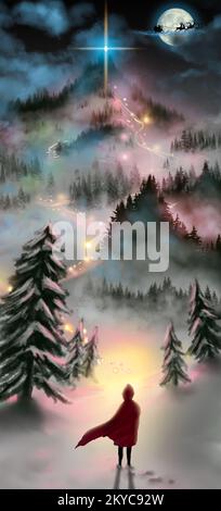 Santa Claus in sleigh flying over the moon on snow mountain at night. Boy in red riding hood looking light path background. Tale of myth and legend. D Stock Photo