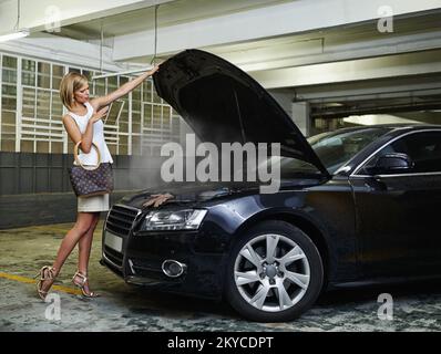Wheres all that smoke coming from. Full length of a young woman standing alongside her broken down car. Stock Photo