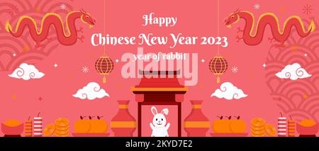 flat chinese new year background banner poster illustration with dragons, rabbit and ornaments Stock Vector