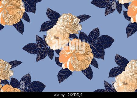 Floral seamless pattern of roses and leaves in creame, sandy brown and dark blue colors with bronze metallic outline on light blue. Wallpaper design for textiles, prints, backgrounds, beauty products. Stock Vector