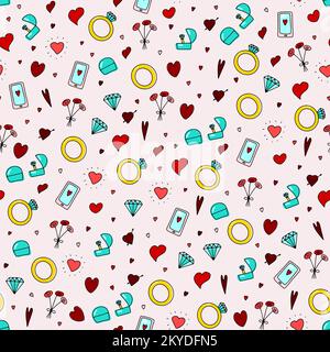 Doodle engagement seamless pattern. Hand-drawn diamond ring in a box, flowers, heart, phone message, brilliant gemstone. Symbol of wedding, marriage, Stock Vector