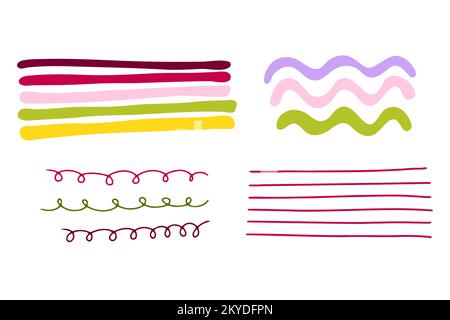 Vector doodle wave curl, straight lines. Pink, green color brush strokes of paint isolated on white background. Hand-drawn cute illustration for summe Stock Vector
