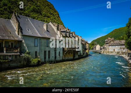 View on the small town of Saint Beat Lez and the Garonne river in the South of France Stock Photo