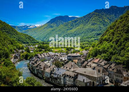 View on the small town of Saint Beat Lez and the Garonne river in the South of France Stock Photo