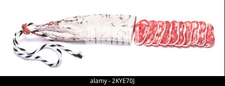 Spanish Fuet thin dried salami sausage isolated on a white background Stock Photo
