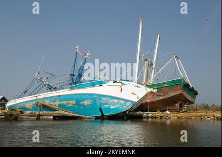 Hurricane Katrina, Plaquemines Parish, LA, 9/21/2005 -- Fishing boats are washed ashore by Hurricane Katrina in Plaquemines Parish. Andrea Booher/FEMA Stock Photo