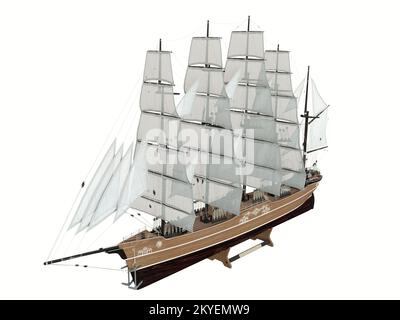 Model pirate frigate of the Sea on the white background. (isolated) XIX Century. Sailboat isolated on white, cut out. Clear photo of yacht.