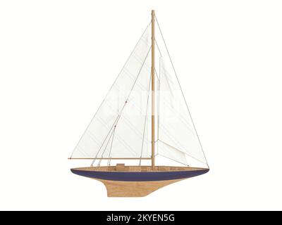 Sailing boat on white background. Sailboat isolated on white, cut out. Clear photo of yacht. Ship with vintage large sails.