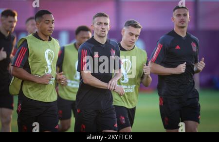 Belgium's Youri Tielemans, Belgium's Timothy Castagne, Belgium's Leandro Trossard and Belgium's Leander Dendoncker pictured during a press conference of the Belgian national soccer team the Red Devils, at the Qatar National Convention Center QNCC, in Doha, State of Qatar, Wednesday 30 November 2022. The Red Devils are preparing for the upcoming game at the FIFA 2022 World Cup in Qatar. BELGA PHOTO VIRGINIE LEFOUR Stock Photo