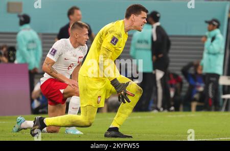 Al Wakrah, Qatar. 30th Nov, 2022. Poland's Wojciech Szczesny reacts during a soccer game between Poland and Argentina, the third and last game in Group C of the FIFA 2022 World Cup in Al Wakrah, State of Qatar on Wednesday 30 November 2022. BELGA PHOTO VIRGINIE LEFOUR Credit: Belga News Agency/Alamy Live News Stock Photo