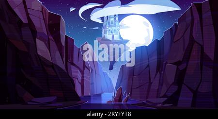 Flying magic castle at night bottom up view, fairy palace float in dark sky on piece of rock above mountain gorge. Fantasy fortress at full moon midnight scenery landscape Cartoon vector illustration Stock Vector