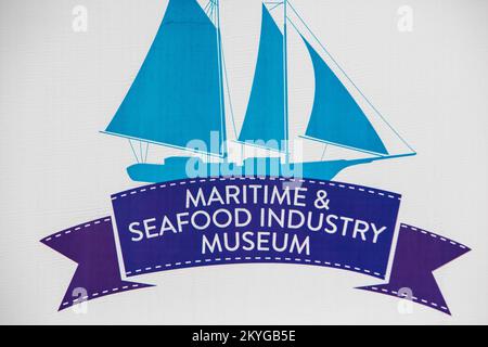 Biloxi, MS, Aril 2, 2015 - Signage for Maritime and Seafood Industry Museum, Biloxi, Mississippi. Established in 1986 to reserve and interpret the maritime history and heritage of Biloxi and the Mississippi Gulf Coast, the Maritime and Seafood Industry Museum was originally located in a nearby U.S. Coast Guard Station which was destroyed by Hurricane Katrina in 2005. The Maritime and Seafood Industry Museum heralded the opening of its new facility on August 2, 2014. The construction of the new museum building received Public Assistance funding from FEMA. Stock Photo