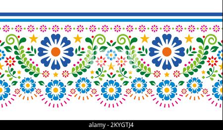 Mexican folk art style vector seamless long horizontal pattern with flowers, leaves and geometric shapes, vibrant repetitive design perfect for wallpa Stock Vector