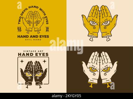 Vintage art illustration design of two hand with eyes Stock Vector