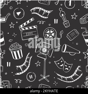 Movie, cinema vector pattern. Doodle hand drawn sketch style movie seamless pattern. Cinema elements for media production, festival, theater background. Vector illustration. Stock Vector