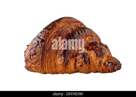 Croissant with coffee next to it on isolated white background Stock Photo