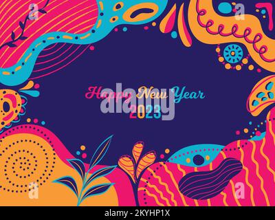 Happy New Year 2023 Background. January 1 celebration poster. Memphis style floral pink, orange, navy blue abstract design. Horizontal banner vector Stock Vector