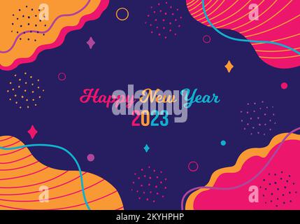 Happy New Year 2023 Background. January 1 celebration poster. Memphis style floral pink, orange, navy blue abstract design. Horizontal banner vector Stock Vector