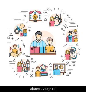 Children learning web banner. Infographics with linear icons on white background. Creative idea concept. Stock Vector