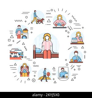 Everyday routine web banner. Infographics with linear icons on white background. Creative idea concept. Stock Vector