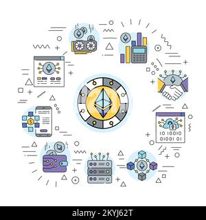 Ethereum web banner. Infographics with linear icons on white background. Creative idea concept. Stock Vector