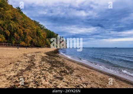 Gdynia Orlowo beach by the Baltic Sea on overcast day in Gdynia, Pomerania, Poland. Stock Photo