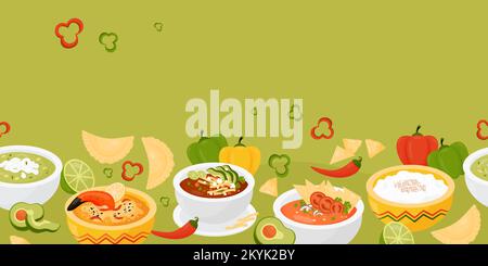 Seamless horizontal border with Latin American traditional food. Mexican dishs green puree soup and Tomato Soup with nachos, rice pudding and crab pie Stock Vector